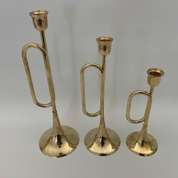 Vintage Brass Bugle Horn Trumpet Christmas Candlesticks Candle Holders Lot of 3 - Picture 10 of 11